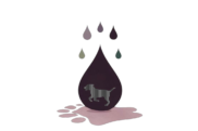 Goutte foncée avec un chien stylisé, entourée de gouttes colorées et d'une empreinte. Style fluide.